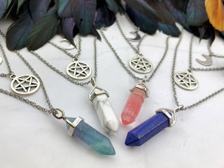 Layered Pentagram Necklace: Crescent Moon, Gemstone Bullet, Silver Plated