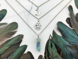 Layered Pentagram Necklace: Crescent Moon, Gemstone Bullet, Silver Plated