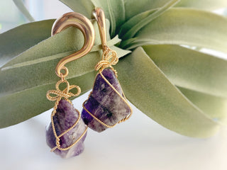 Amethyst Dangle Ear Weights: Wire Wrapped Crystal Plugs (6G-00G)
