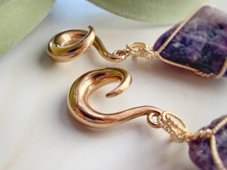Amethyst Dangle Ear Weights: Wire Wrapped Crystal Plugs (6G-00G)