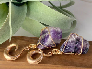 Amethyst Dangle Ear Weights: Wire Wrapped Crystal Plugs (6G-00G)