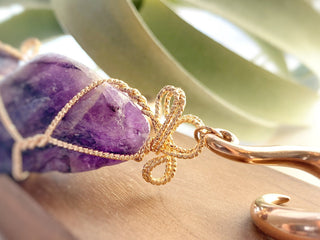 Amethyst Dangle Ear Weights: Wire Wrapped Crystal Plugs (6G-00G)