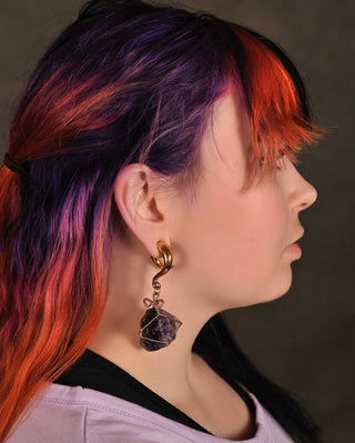 Amethyst Dangle Ear Weights: Wire Wrapped Crystal Plugs (6G-00G)