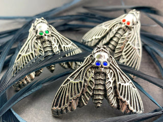 Death Head Moth Ring – Silver, Birthstone Eyes, Goth Jewelry