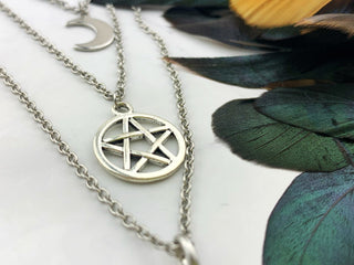 Layered Pentagram Necklace: Crescent Moon, Gemstone Bullet, Silver Plated
