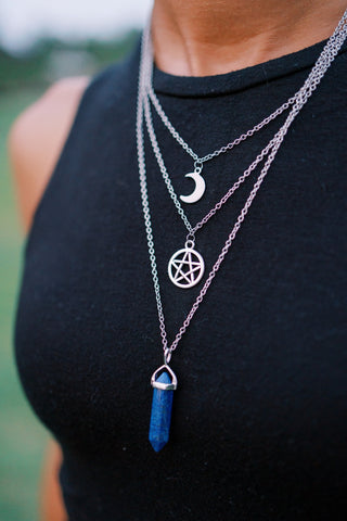 Layered Pentagram Necklace: Crescent Moon, Gemstone Bullet, Silver Plated