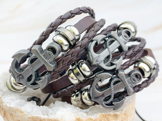Gunmetal Anchor Leather Bracelet - Personalized Initial Charm