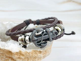 Personalized Anchor Bracelet: Braided Leather Nautical Jewelry