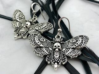Silver Death Head Earrings - Goth Insect Earrings - Macabre - Esoteric Moth Jewelry - Oddities