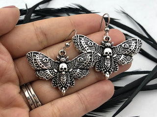 Silver Death Head Earrings - Goth Insect Earrings - Macabre - Esoteric Moth Jewelry - Oddities