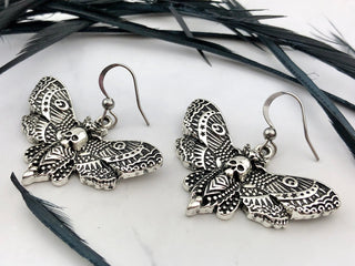Silver Death Head Earrings - Goth Insect Earrings - Macabre - Esoteric Moth Jewelry - Oddities
