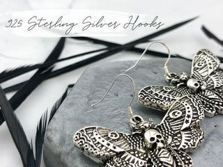 Silver Death Head Earrings - Goth Insect Earrings - Macabre - Esoteric Moth Jewelry - Oddities
