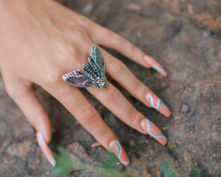 Death Head Moth Ring – Silver, Birthstone Eyes, Goth Jewelry