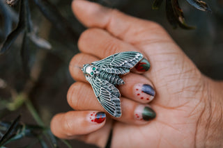 Death Head Moth Ring – Silver, Birthstone Eyes, Goth Jewelry