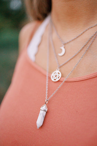Layered Pentagram Necklace: Crescent Moon, Gemstone Bullet, Silver Plated