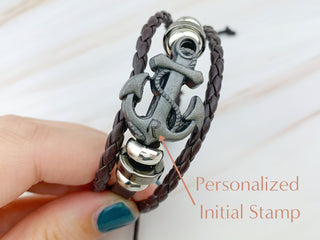 Gunmetal Anchor Leather Bracelet - Personalized Initial Charm