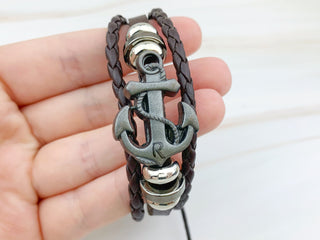 Gunmetal Anchor Leather Bracelet - Personalized Initial Charm