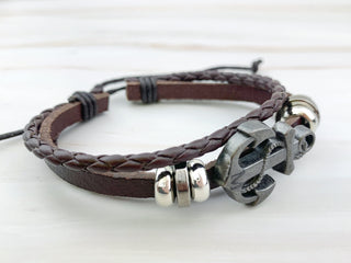 Gunmetal Anchor Leather Bracelet - Personalized Initial Charm