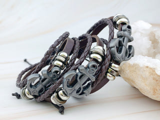 Personalized Anchor Bracelet: Braided Leather Nautical Jewelry
