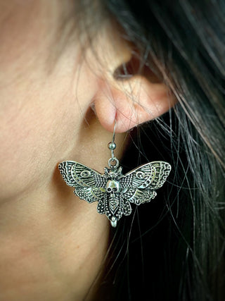 Silver Death Head Earrings - Goth Insect Earrings - Macabre - Esoteric Moth Jewelry - Oddities
