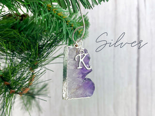 Raw Amethyst Slice Initial Ornament - Healing Crystals - Personalized Letter Ornament - Tree Hanging Decor