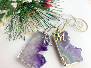 Raw Amethyst Slice Initial Ornament - Healing Crystals - Personalized Letter Ornament - Tree Hanging Decor