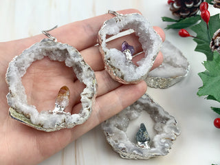 White Druzy Gemstone Ornament - Agate Slice Crystal Cluster Geode Druzy Kyanite Amethyst Quartz Citrine