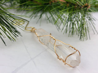Clear Quartz Crystal Ornament: Golden Wire Wrapped Healing Crystals
