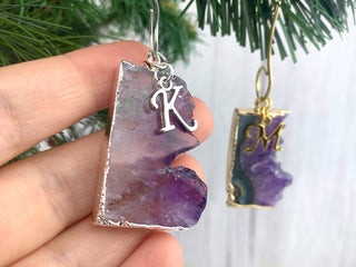 Raw Amethyst Slice Initial Ornament - Healing Crystals - Personalized Letter Ornament - Tree Hanging Decor