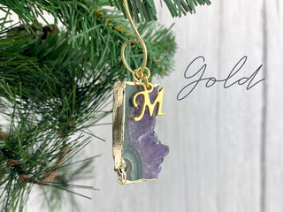 Raw Amethyst Slice Initial Ornament - Healing Crystals - Personalized Letter Ornament - Tree Hanging Decor