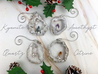 White Druzy Gemstone Ornament - Agate Slice Crystal Cluster Geode Druzy Kyanite Amethyst Quartz Citrine