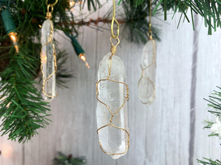 Clear Quartz Crystal Ornament: Golden Wire Wrapped Healing Crystals