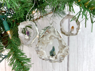 White Druzy Gemstone Ornament - Agate Slice Crystal Cluster Geode Druzy Kyanite Amethyst Quartz Citrine