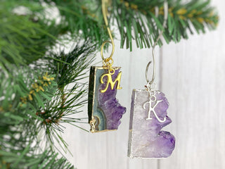 Raw Amethyst Slice Initial Ornament - Healing Crystals - Personalized Letter Ornament - Tree Hanging Decor