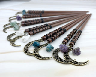 Gemstone Moon Hair Stick: Wood Hair Fork with Crystal Dangle