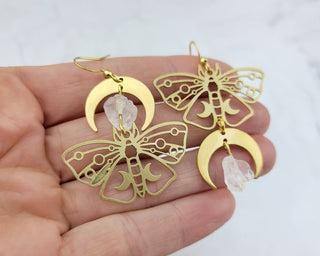 Mismatched Moth Earrings - Asymmetrical Crescent Moon Phase Earrings - Butterfly Bohemian Crystal Gemstone Wanderlust Jewelry