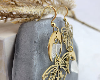 Mismatched Moth Earrings - Asymmetrical Crescent Moon Phase Earrings - Butterfly Bohemian Crystal Gemstone Wanderlust Jewelry