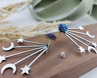 Silver Front Back Earring - Galaxy Earrings - Ear Jacket - Druzy Stud Earrings - Space Earrings