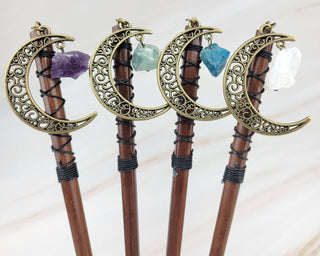 Gemstone Moon Hair Stick: Wood Hair Fork with Crystal Dangle