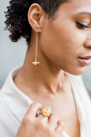 Gold Bee Threader Earrings: Long Dangle Earrings