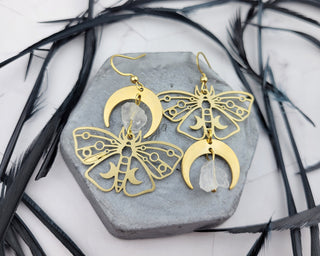 Mismatched Moth Earrings - Asymmetrical Crescent Moon Phase Earrings - Butterfly Bohemian Crystal Gemstone Wanderlust Jewelry
