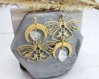 Mismatched Moth Earrings - Asymmetrical Crescent Moon Phase Earrings - Butterfly Bohemian Crystal Gemstone Wanderlust Jewelry