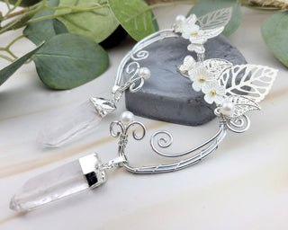 Elf Ear Cuff: Silver Wire Wrap with Quartz - No Piercing