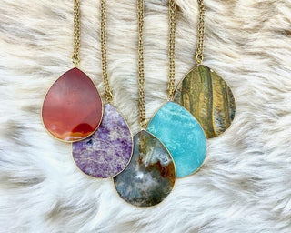 Teardrop Gemstone Pendant Necklace: Carnelian, Amazonite, Lavender Jade