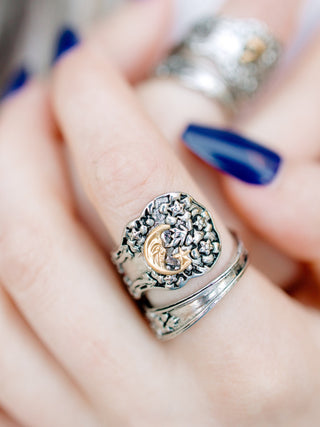 Crescent Moon Ring - Silver Spoon Ring - Antique Style Celestial Jewelry