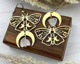 Mismatched Moth Earrings - Asymmetrical Crescent Moon Phase Earrings - Butterfly Bohemian Crystal Gemstone Wanderlust Jewelry