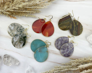 Teardrop Gemstone Dangle Earrings: Natural Agate, Moss Agate, Lavender Jade