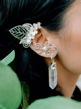 Elf Ear Cuff: Silver Wire Wrap with Quartz - No Piercing