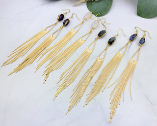 Gemstone 18K Gold Tassel Earrings - Long Fringe Earrings - Gold Chandelier Earrings