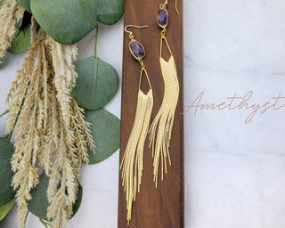 Gemstone 18K Gold Tassel Earrings - Long Fringe Earrings - Gold Chandelier Earrings